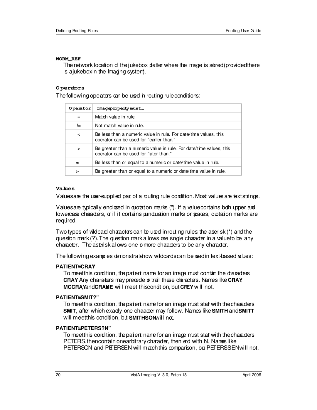 Vista Imaging Vista Routing manual Operators, Values, Operator Image property must… 