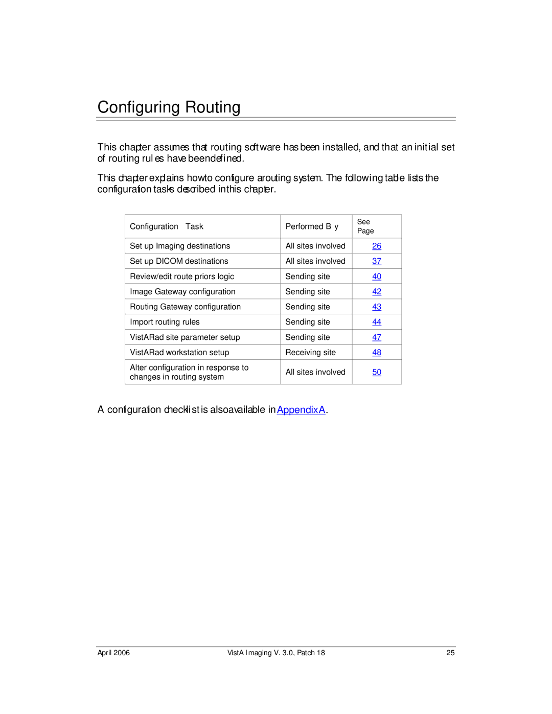 Vista Imaging Vista Routing manual Configuring Routing, Configuration Task Performed By 