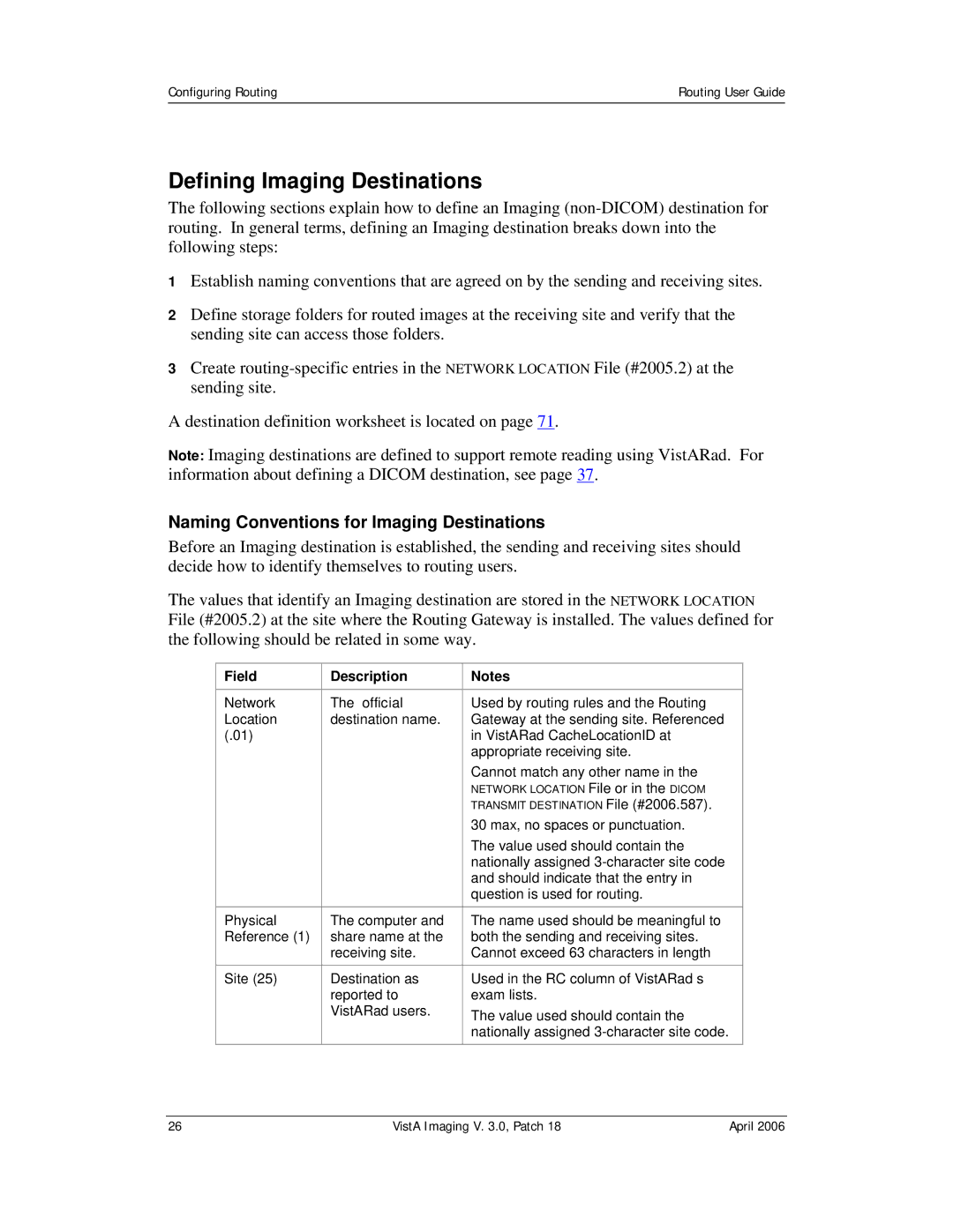 Vista Imaging Vista Routing Defining Imaging Destinations, Naming Conventions for Imaging Destinations, Field Description 