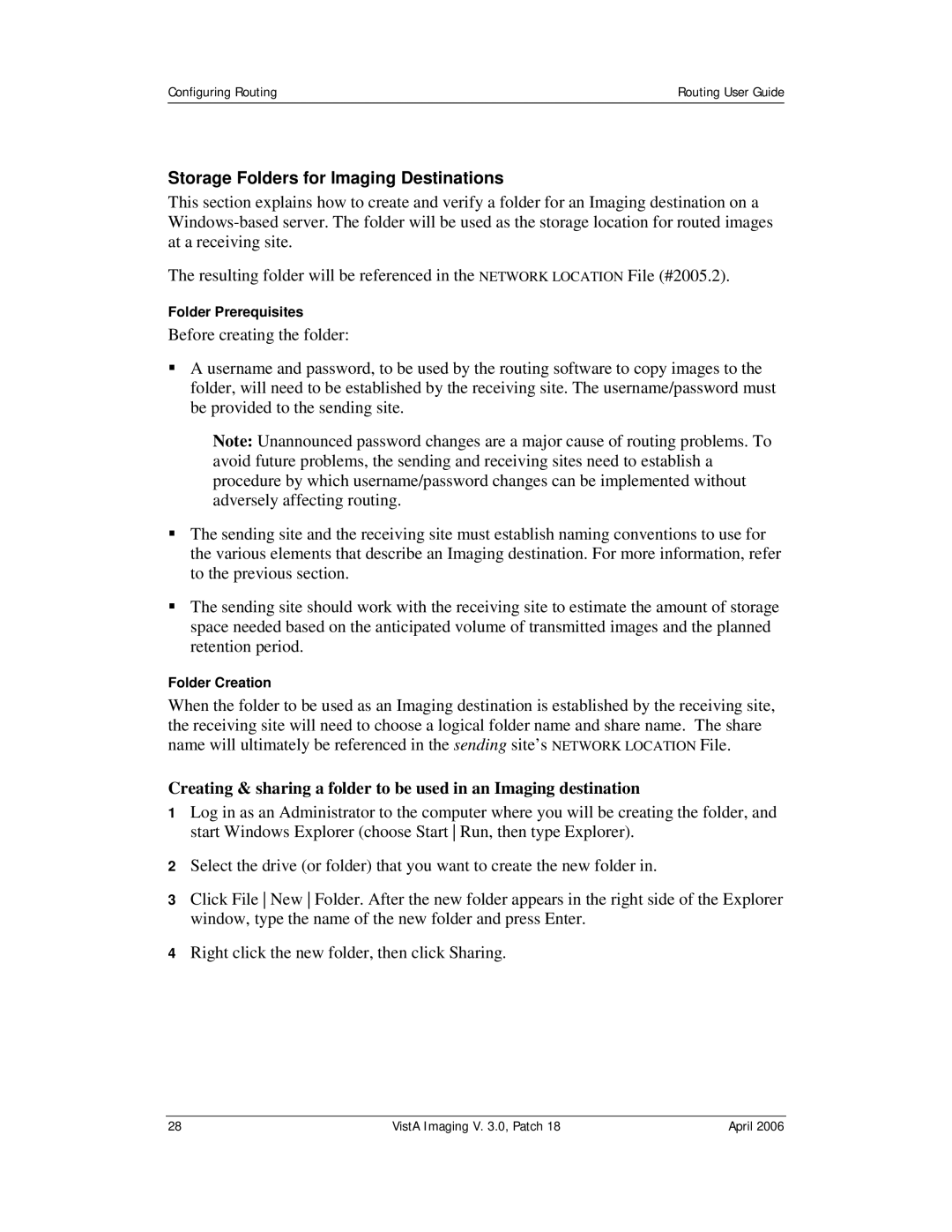 Vista Imaging Vista Routing manual Storage Folders for Imaging Destinations, Folder Prerequisites, Folder Creation 