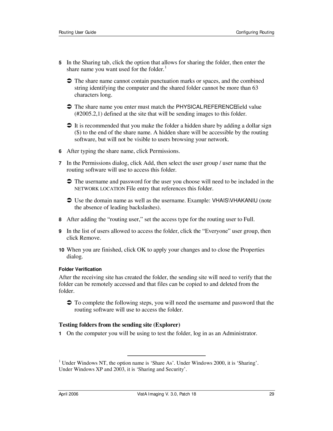 Vista Imaging Vista Routing manual Testing folders from the sending site Explorer, Folder Verification 