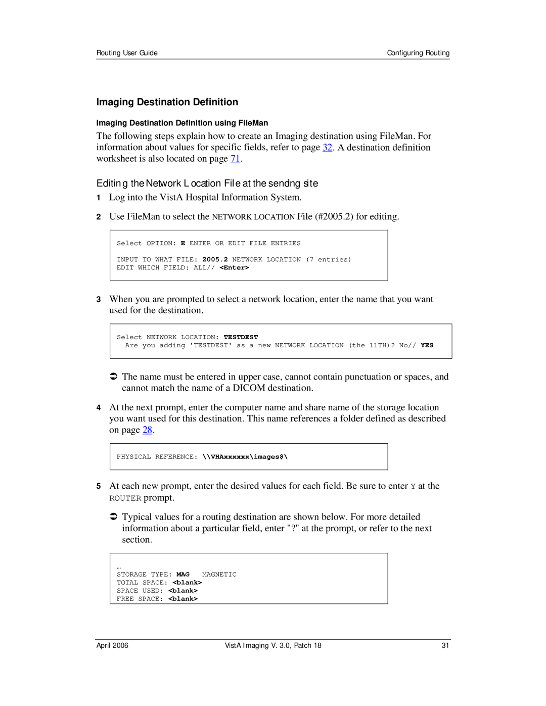 Vista Imaging Vista Routing manual Imaging Destination Definition, Editing the Network Location File at the sending site 