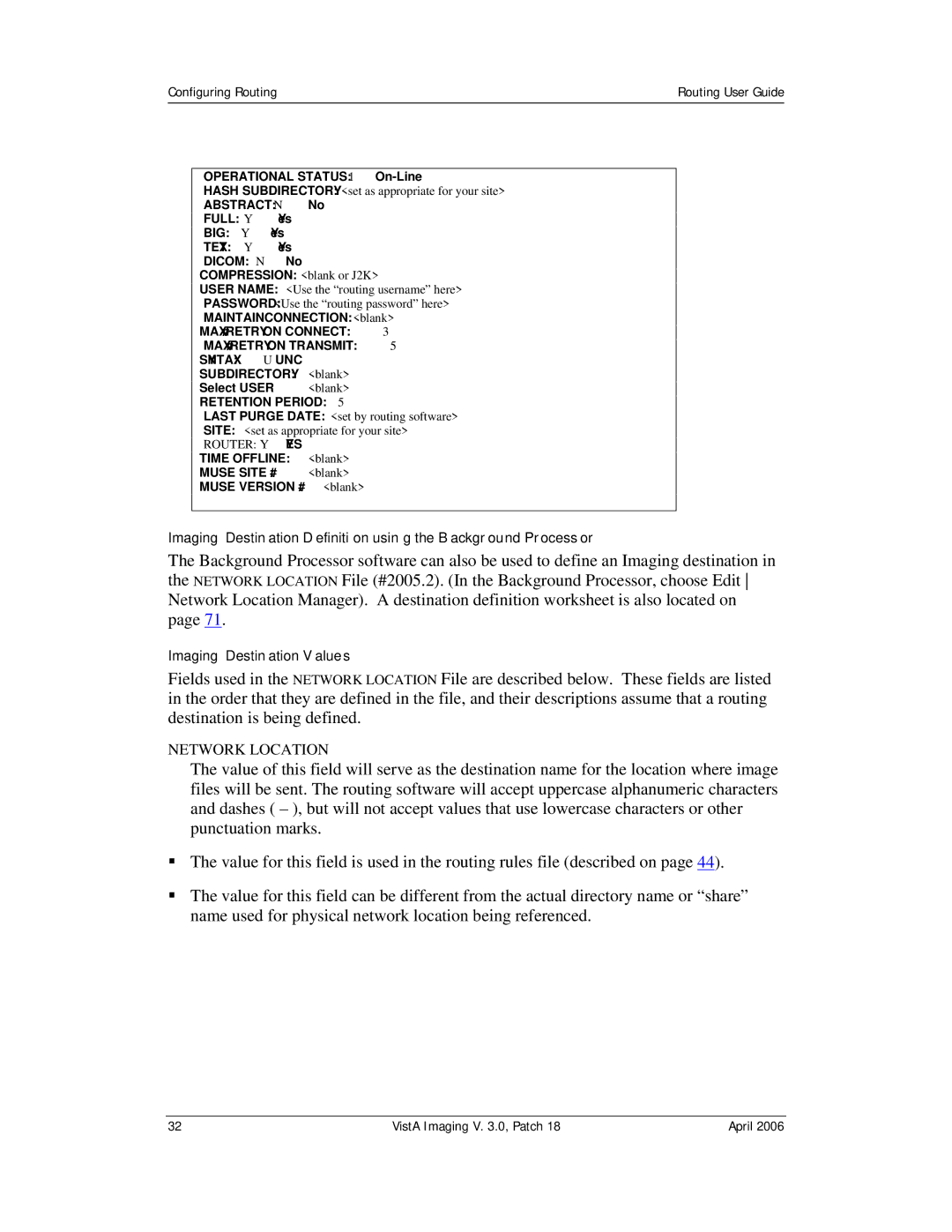 Vista Imaging Vista Routing manual Imaging Destination Values 