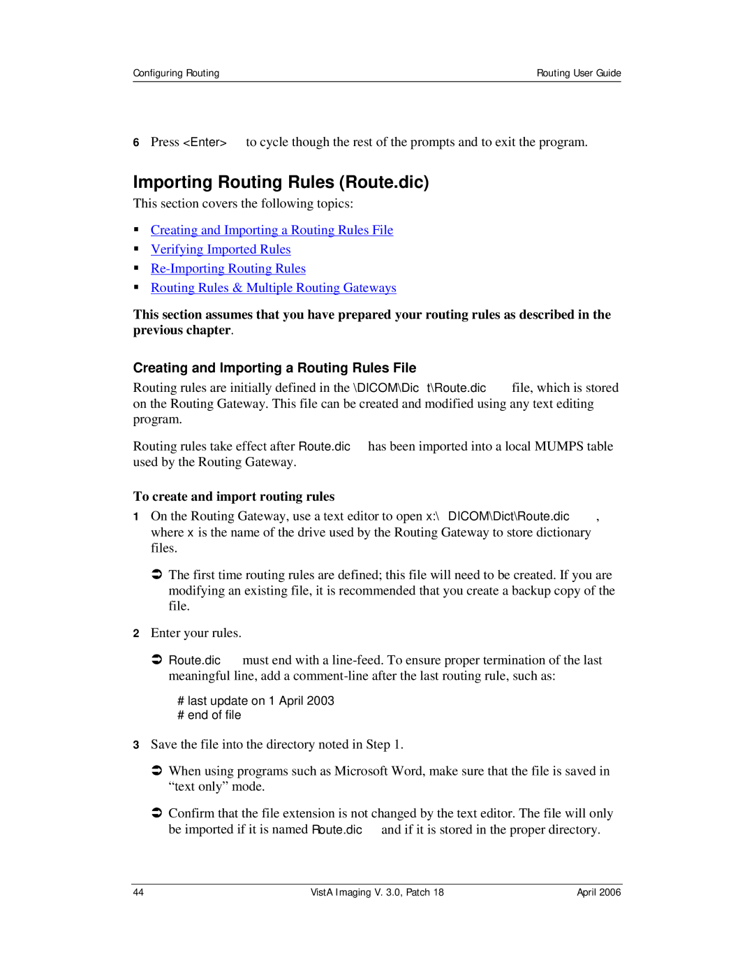 Vista Imaging Vista Routing manual Importing Routing Rules Route.dic, Creating and Importing a Routing Rules File 