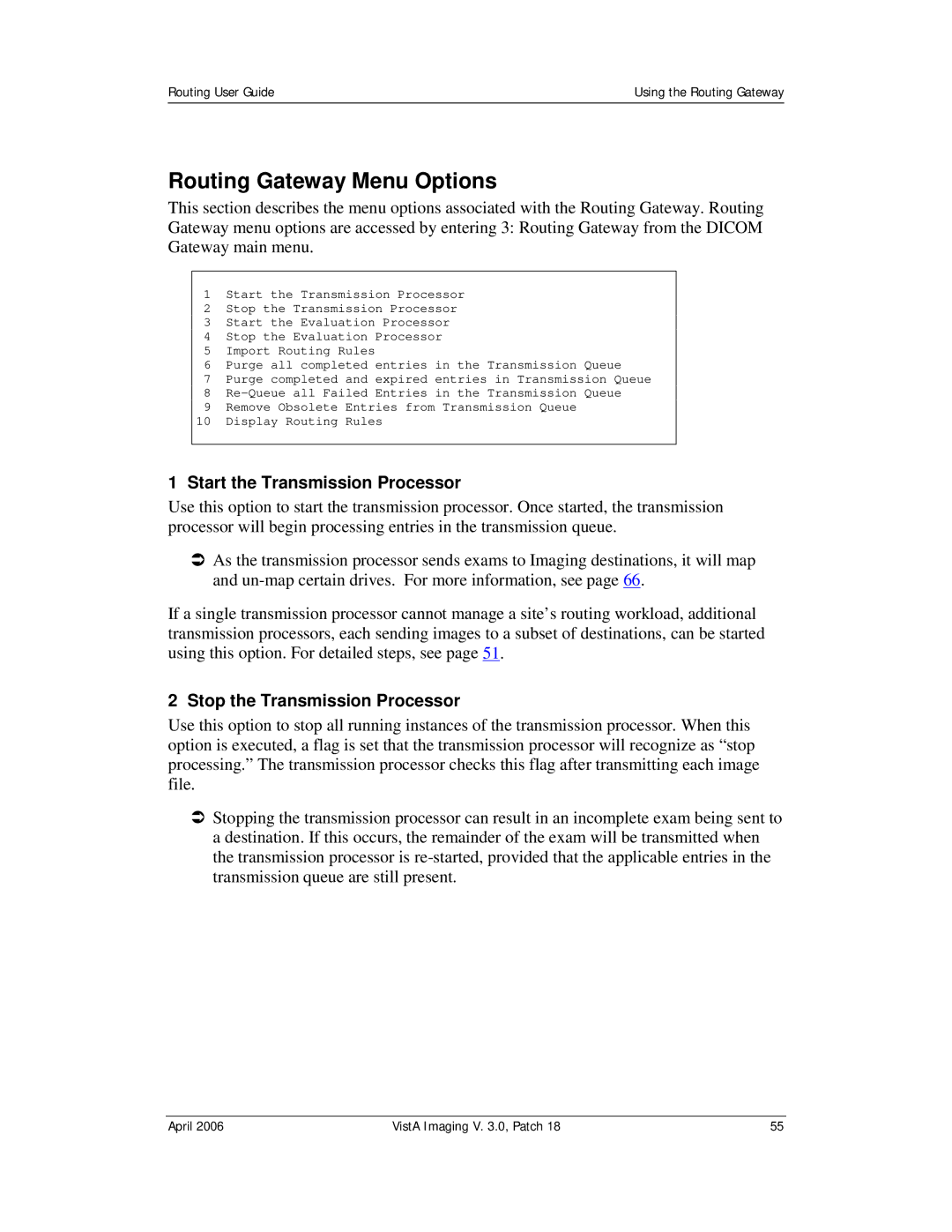 Vista Imaging Vista Routing manual Routing Gateway Menu Options, Start the Transmission Processor 