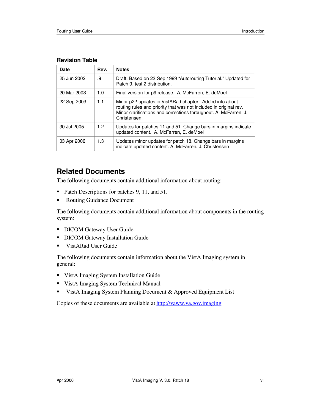 Vista Imaging Vista Routing manual Related Documents, Revision Table, Date Rev 