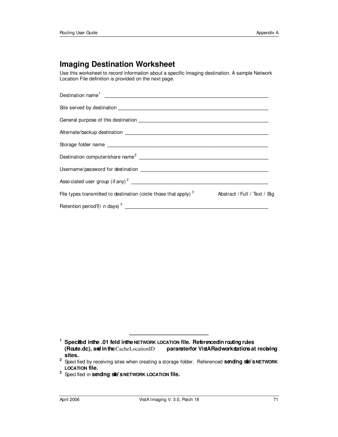 Vista Imaging Vista Routing manual Imaging Destination Worksheet, Specified in sending site’s Network Location file 