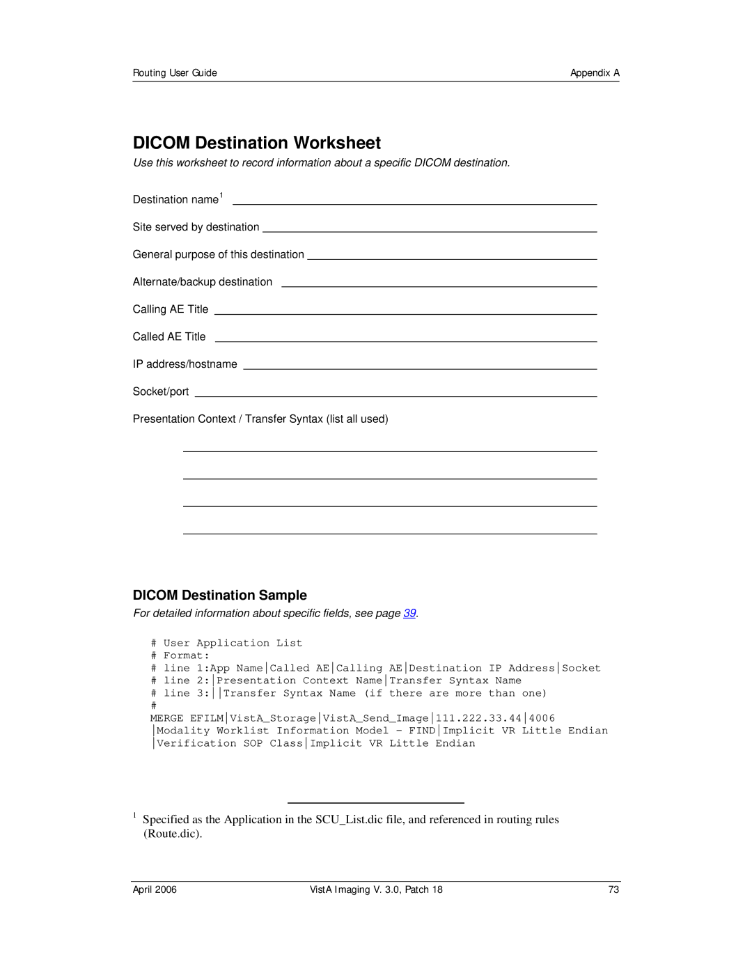 Vista Imaging Vista Routing manual Dicom Destination Worksheet, Dicom Destination Sample 