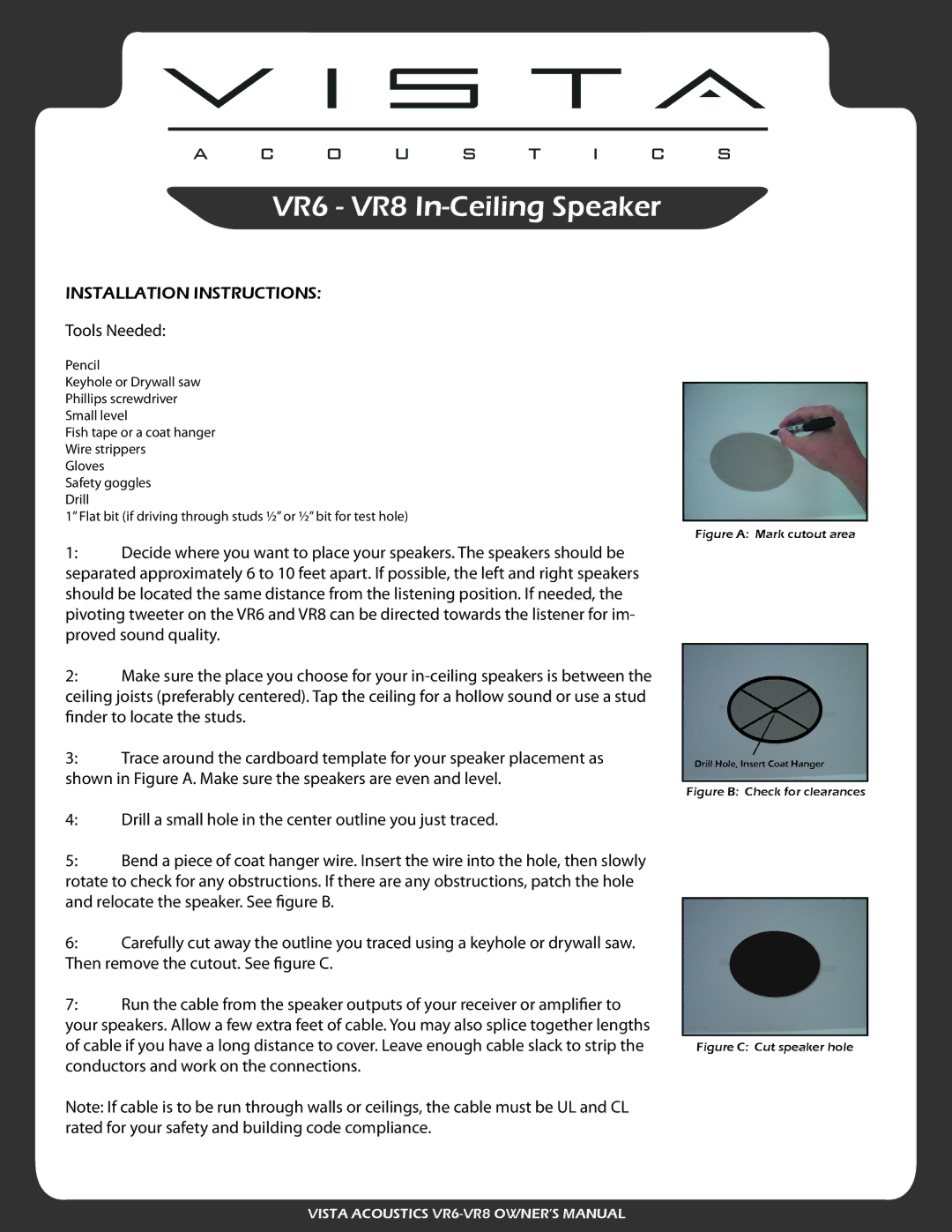 Vista Imaging manual VR6 VR8 In-Ceiling Speaker, Installation Instructions, Tools Needed 