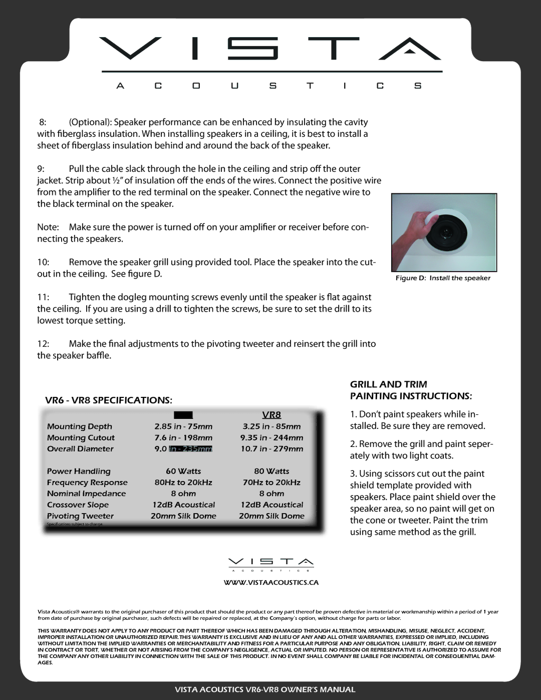 Vista Imaging VR6, VR8 manual Grill and Trim, Painting Instructions 