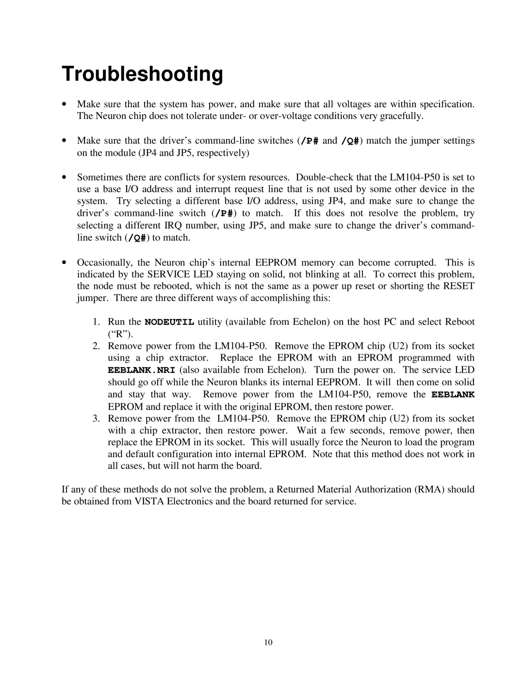 Vista LM104-P50 manual Troubleshooting 