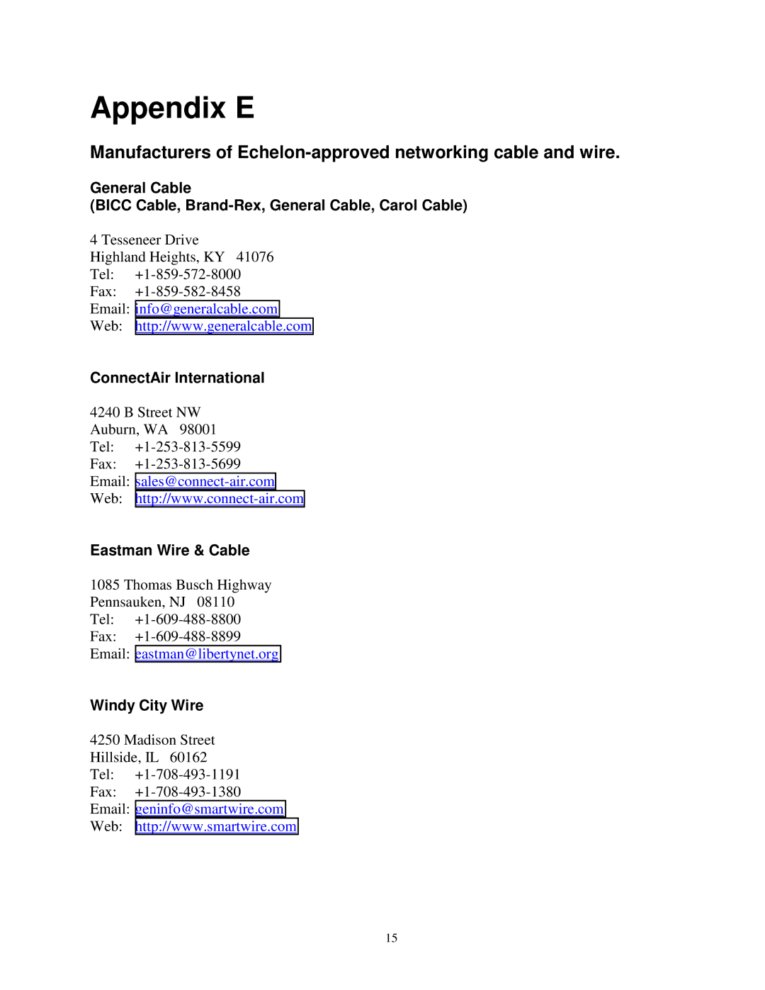 Vista LM104-P50 manual Appendix E, ConnectAir International Eastman Wire & Cable, Windy City Wire 