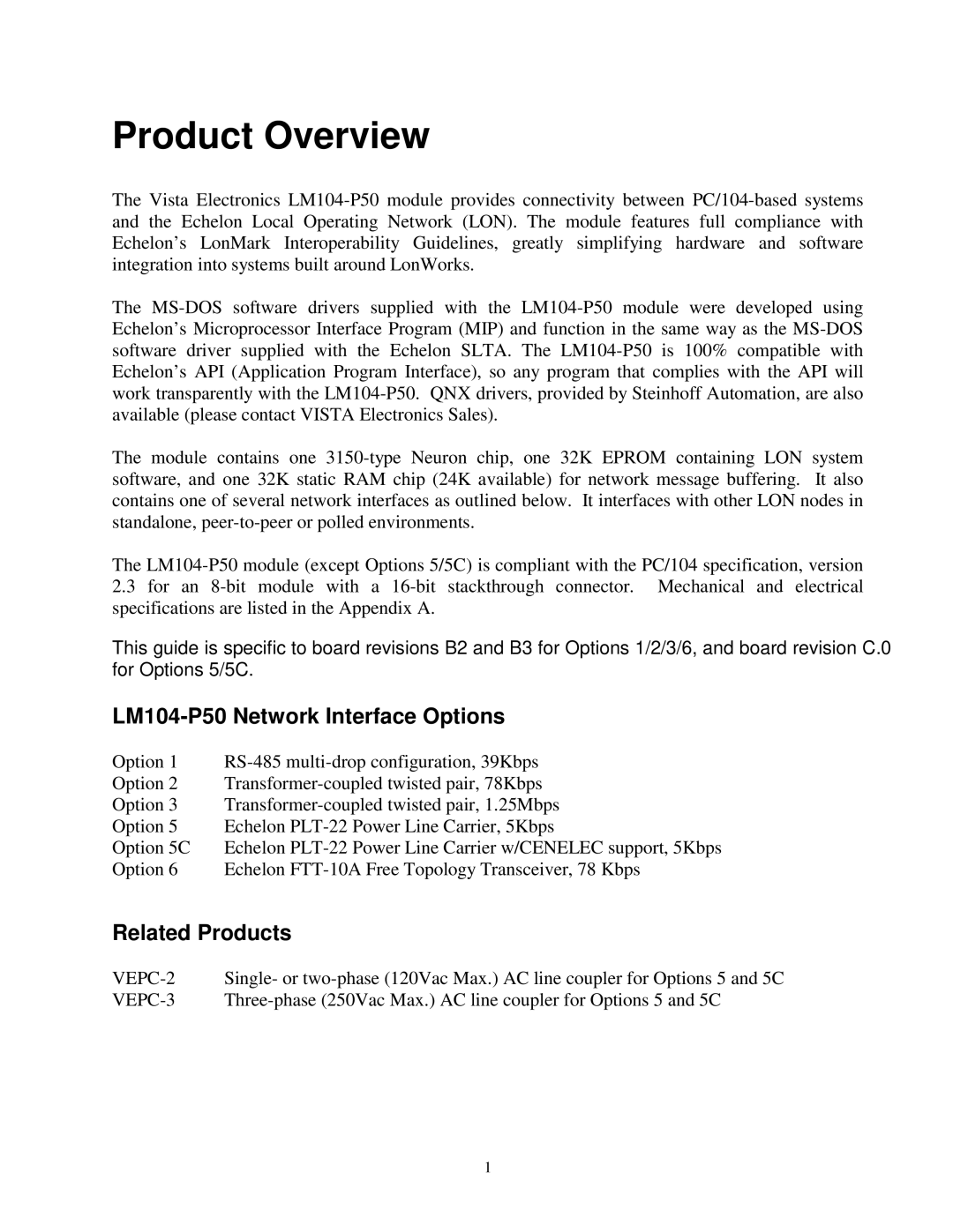 Vista manual Product Overview, LM104-P50 Network Interface Options 