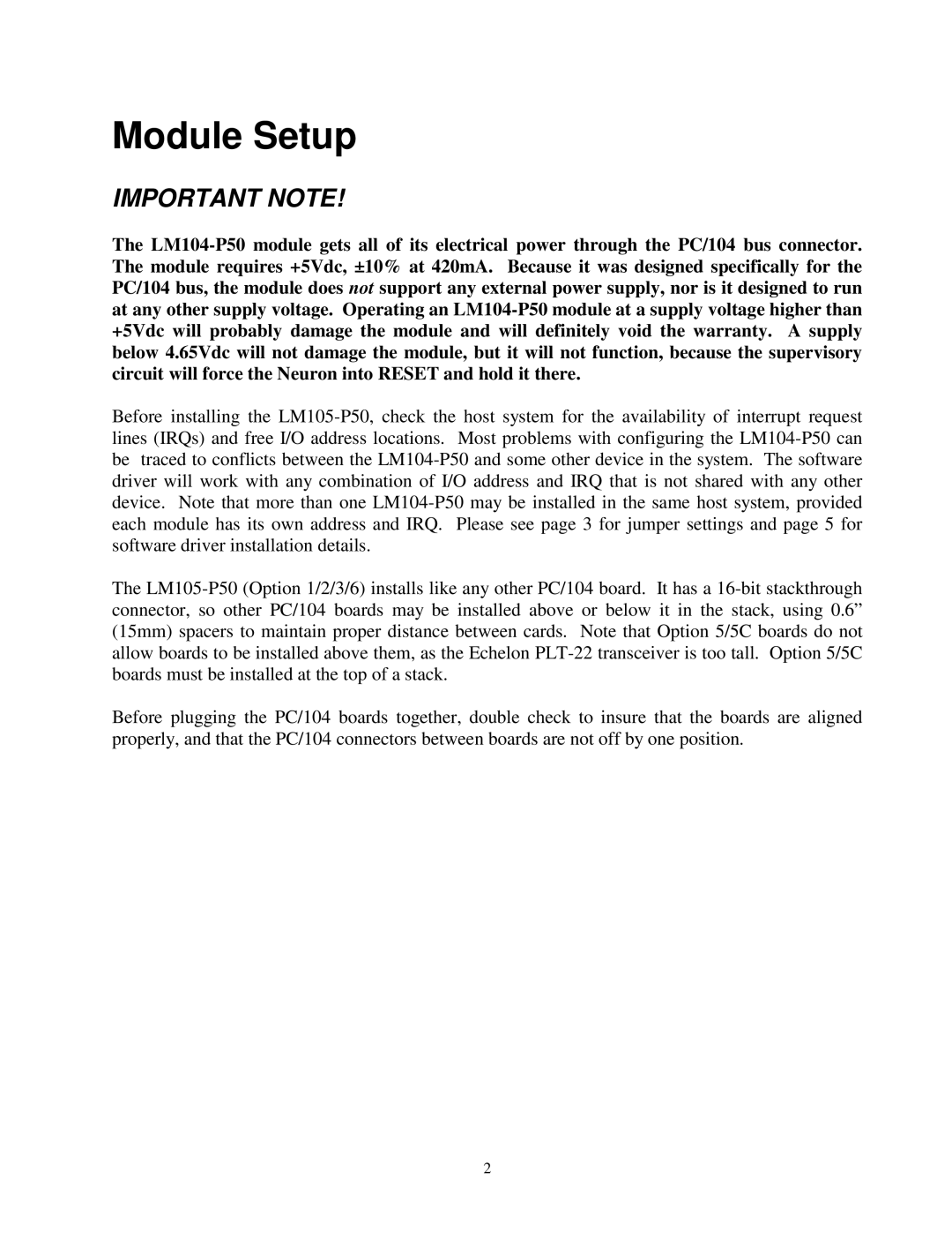 Vista LM104-P50 manual Module Setup, Important Note 