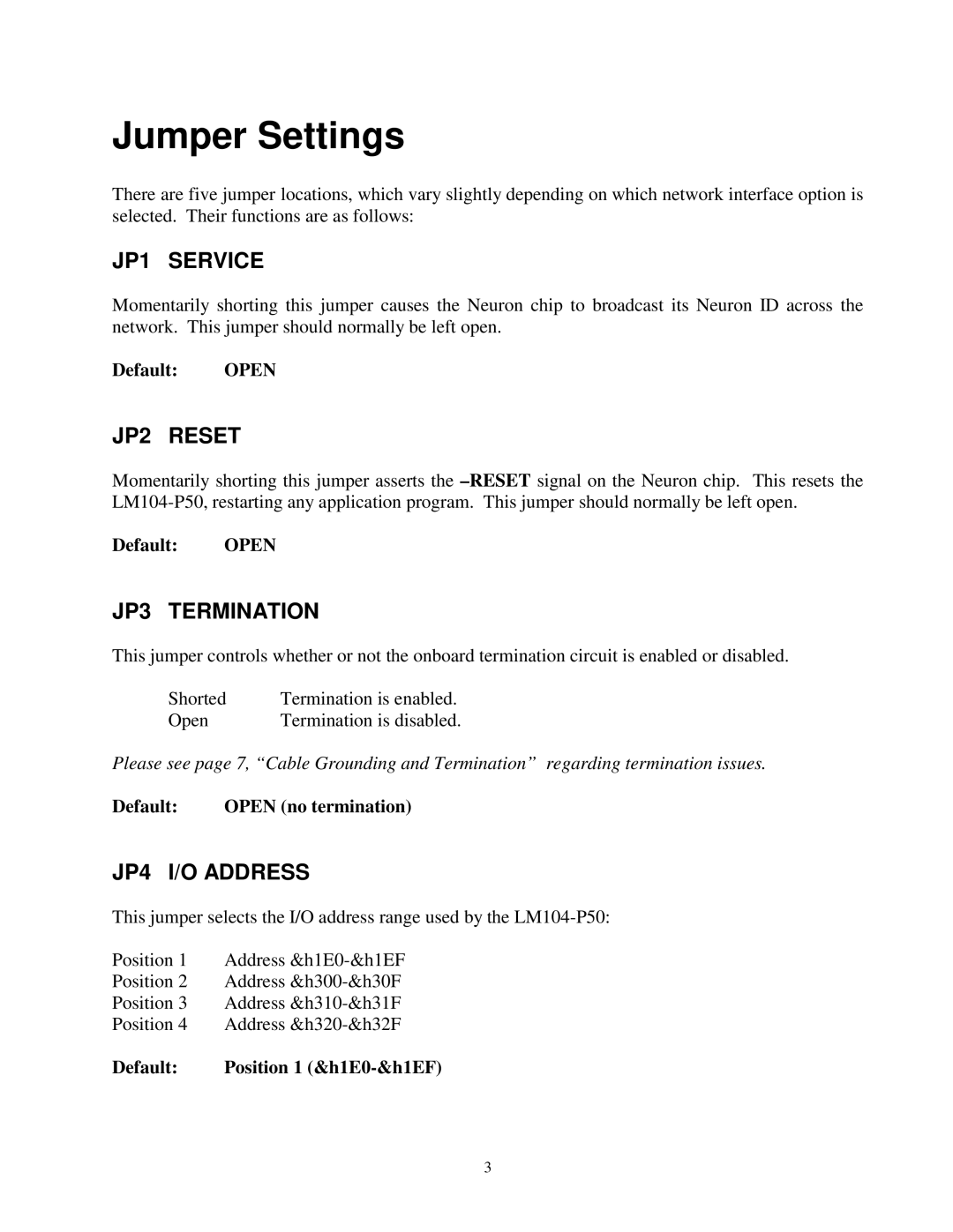 Vista LM104-P50 manual Jumper Settings, JP1 Service 