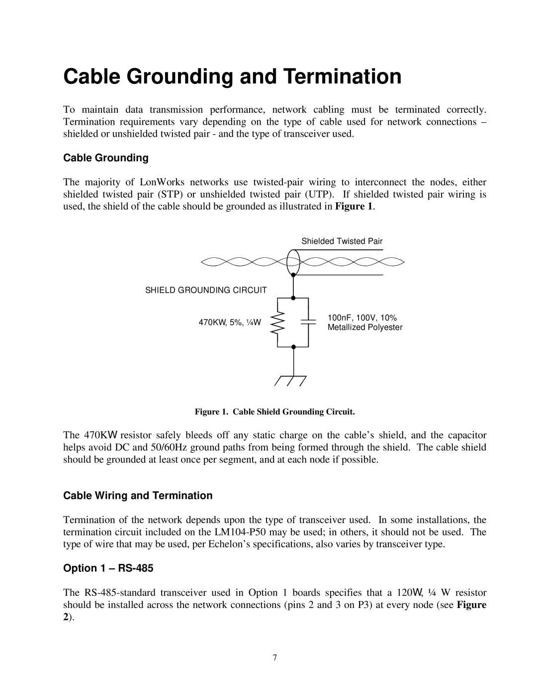 Vista LM104-P50 manual Cable Grounding and Termination, Cable Wiring and Termination, Option 1 RS-485 