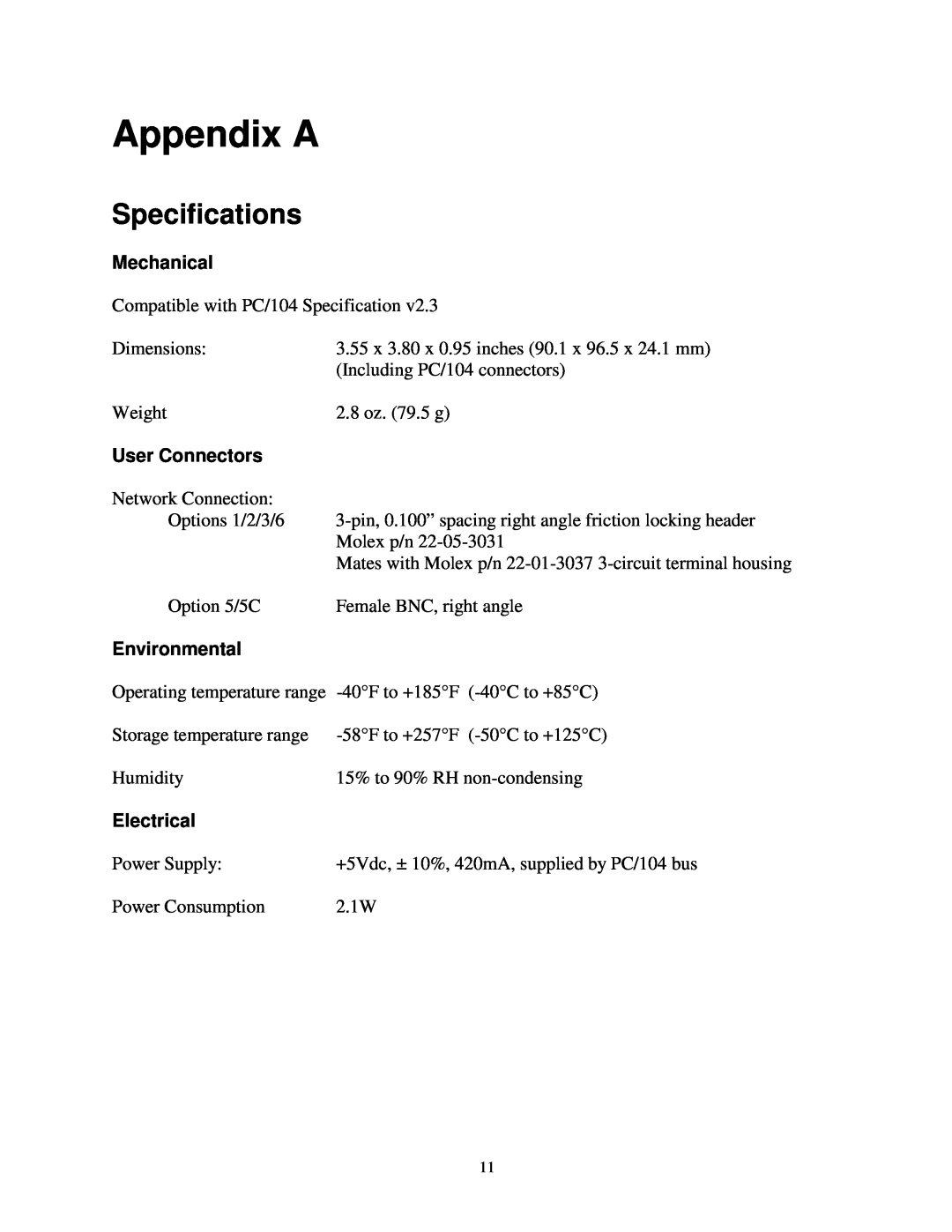 Vista LM104-P50 manual Appendix A, Specifications, Mechanical, User Connectors, Environmental, Electrical 