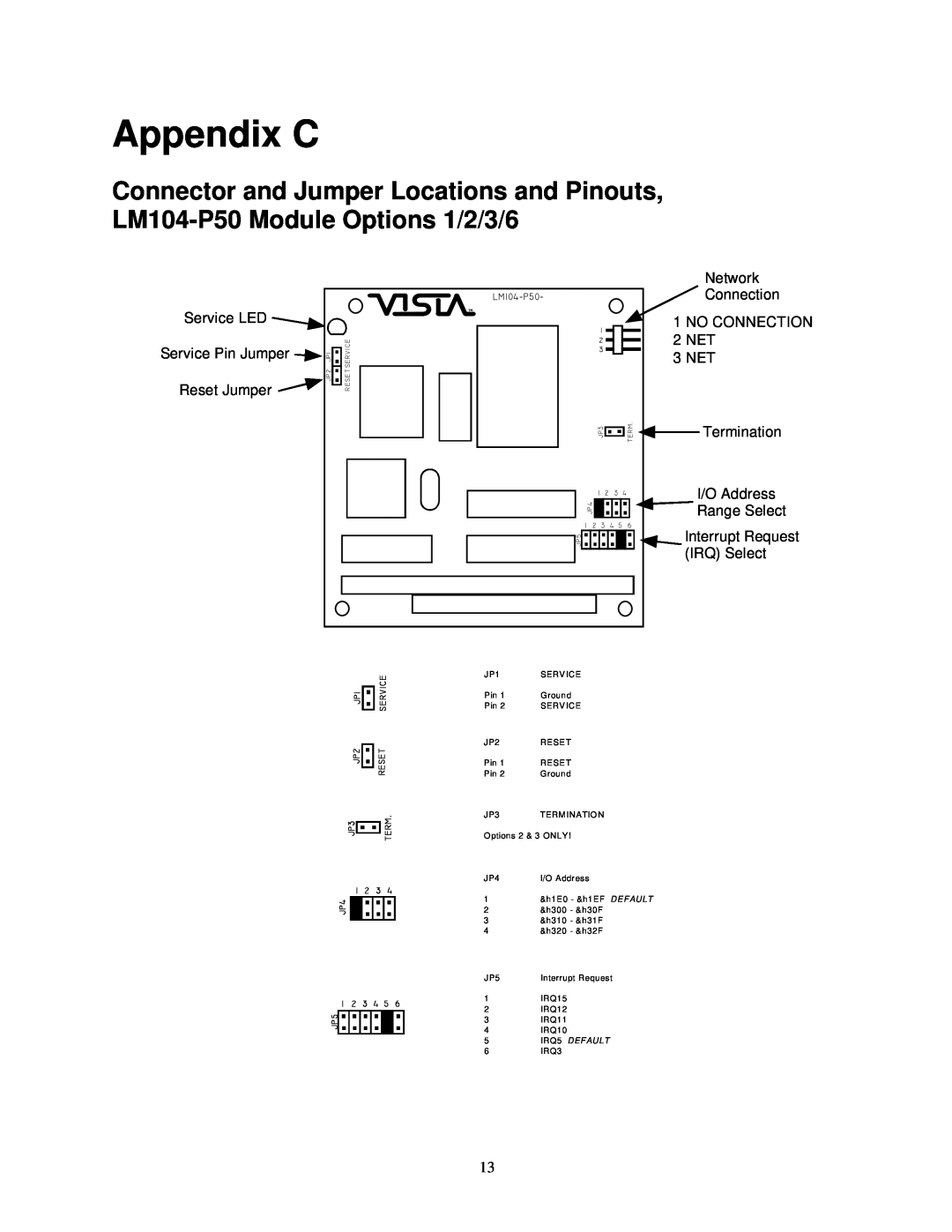 Vista LM104-P50 Appendix C, Service LED, Service Pin Jumper, Reset Jumper, Network, NO CONNECTION 2 NET 3 NET, Termination 
