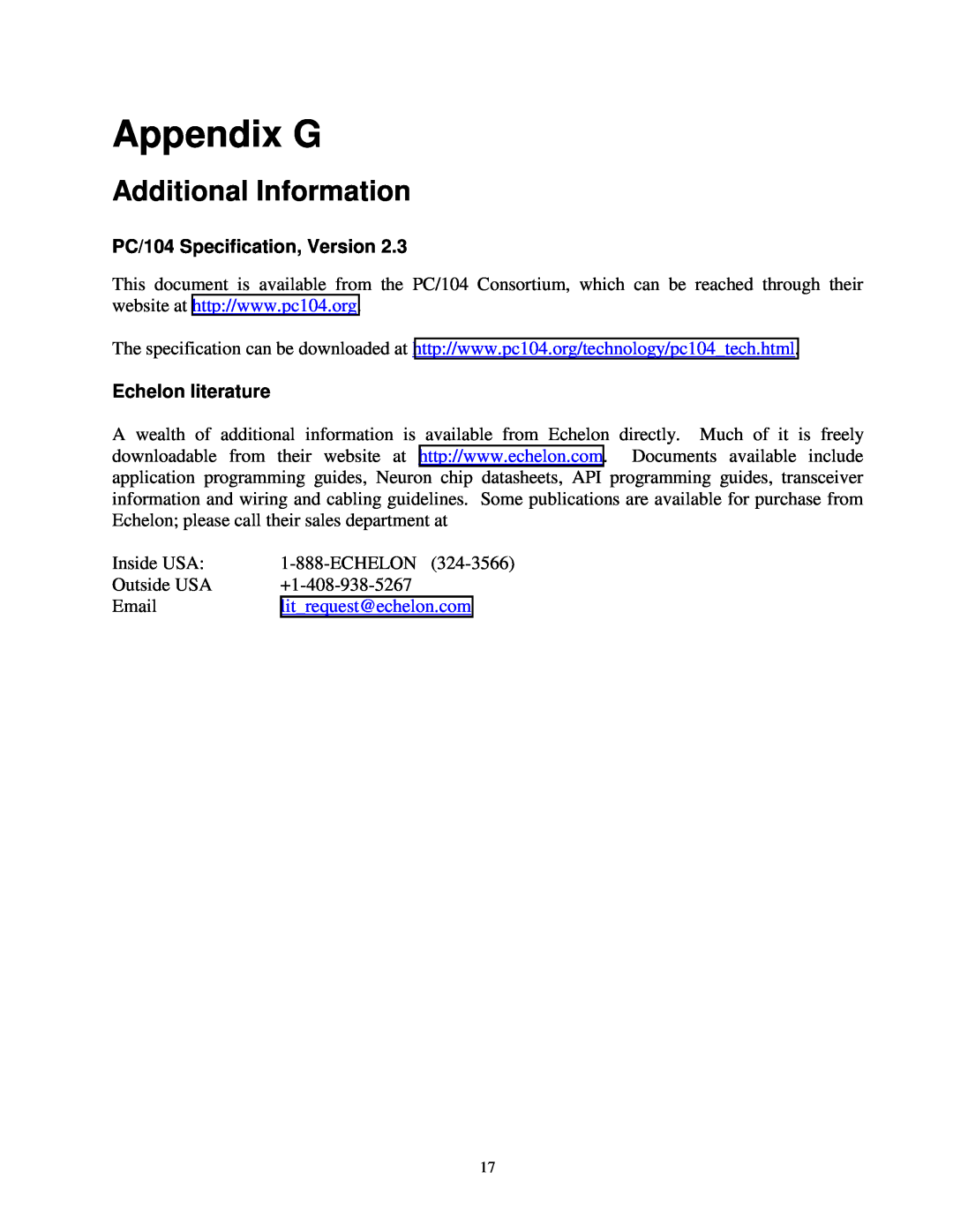 Vista LM104-P50 manual Appendix G, Additional Information, PC/104 Specification, Version, Echelon literature 