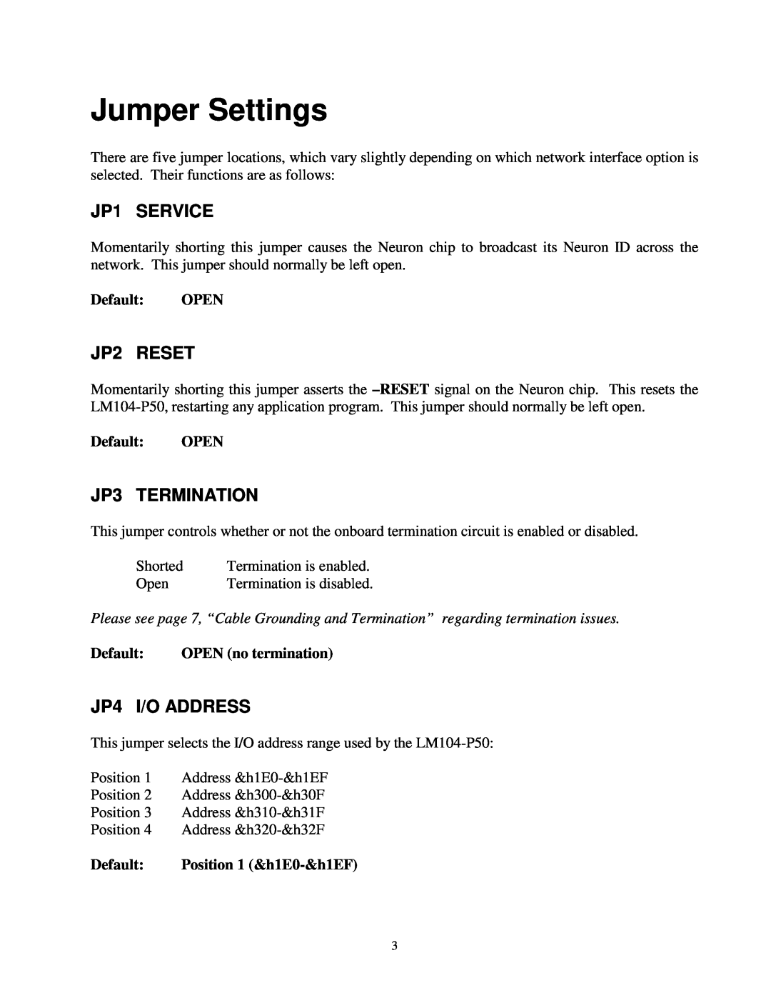 Vista LM104-P50 manual Jumper Settings, JP1 SERVICE, JP2 RESET, JP3 TERMINATION, JP4 I/O ADDRESS 