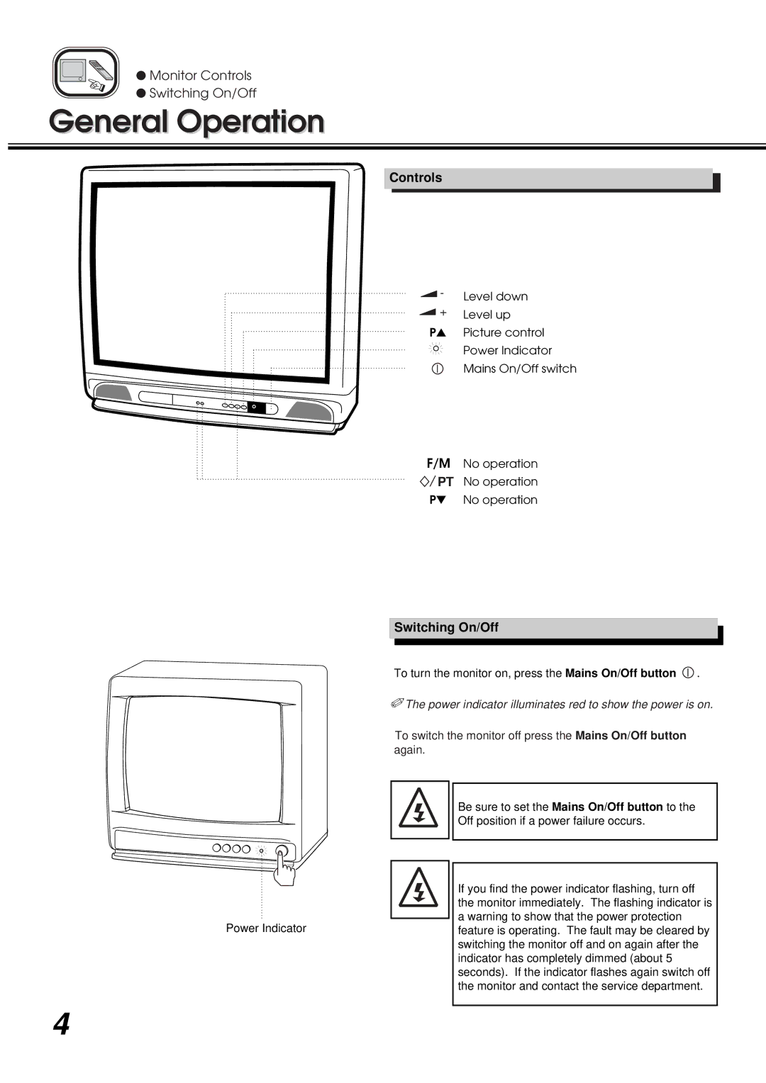 Vista TV28, TV21 General Operation, Controls, Switching On/Off, Power indicator illuminates red to show the power is on 