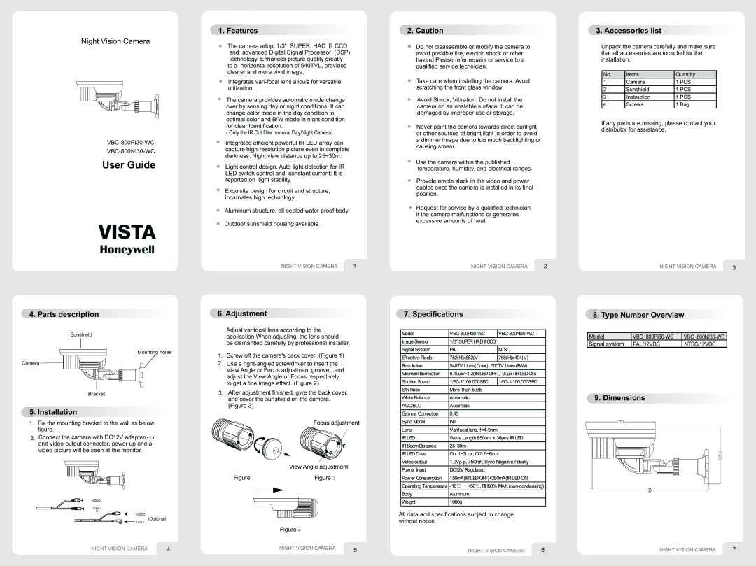 Vista VBC-800PI30-WC, VBC-800NI30-WC dimensions User Guide 