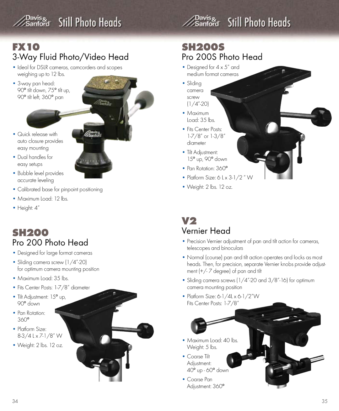 Vista CARBONLITE3, VOYAGERNH, VOYAGER3H Way Fluid Photo/Video Head, Pro 200 Photo Head, Pro 200S Photo Head, Vernier Head 