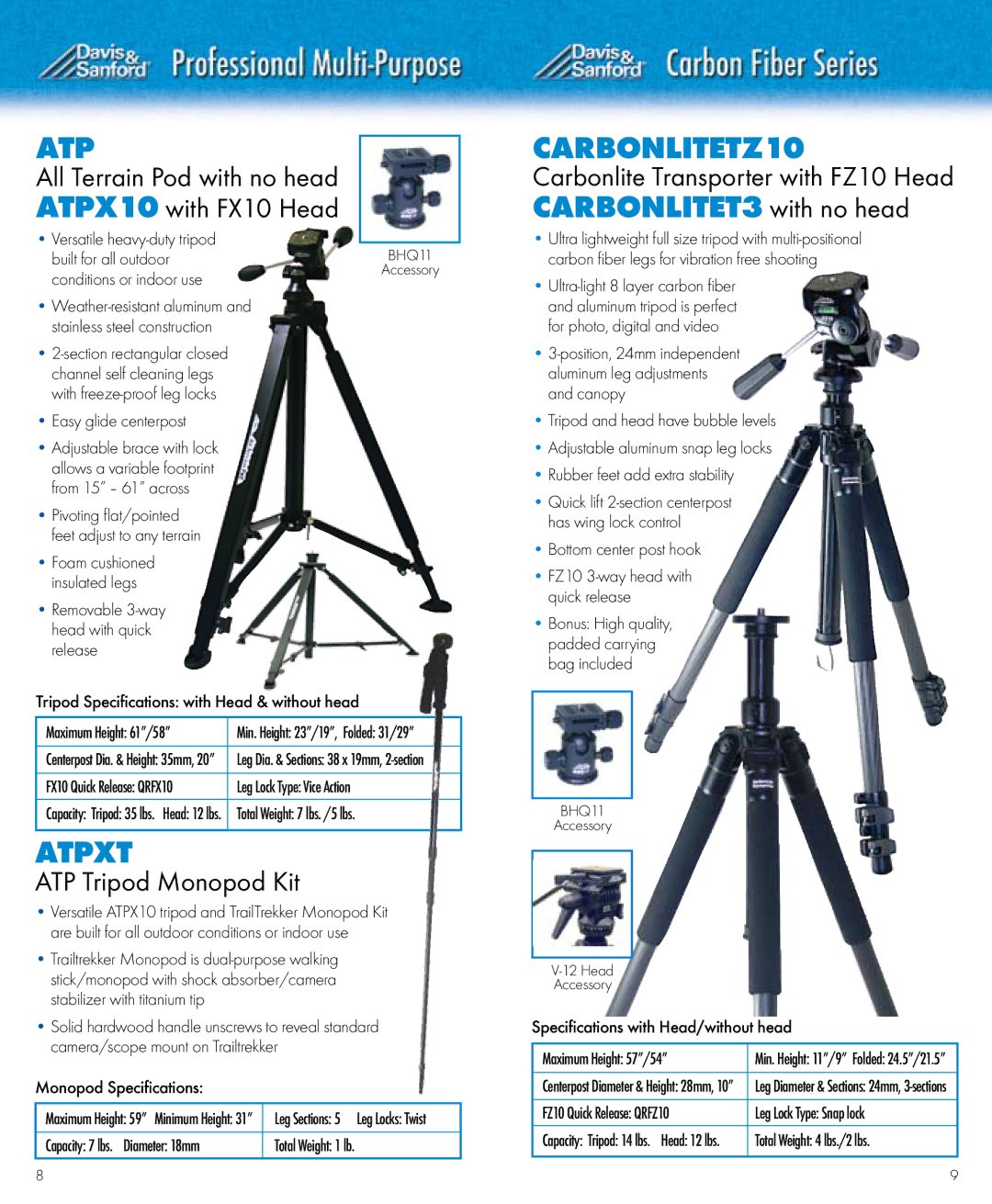 Vista SSPROS12, SS3C Atpxt, CARBONLITETZ10, All Terrain Pod with no head ATPX10 with FX10 Head, ATP Tripod Monopod Kit 