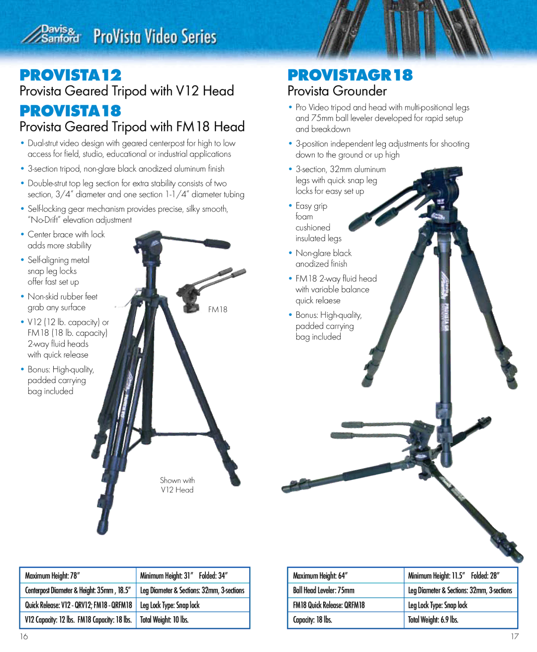 Vista SBCBF12, VOYAGERNH PROVISTA12, PROVISTA18, PROVISTAGR18, Provista Geared Tripod with V12 Head, Provista Grounder 