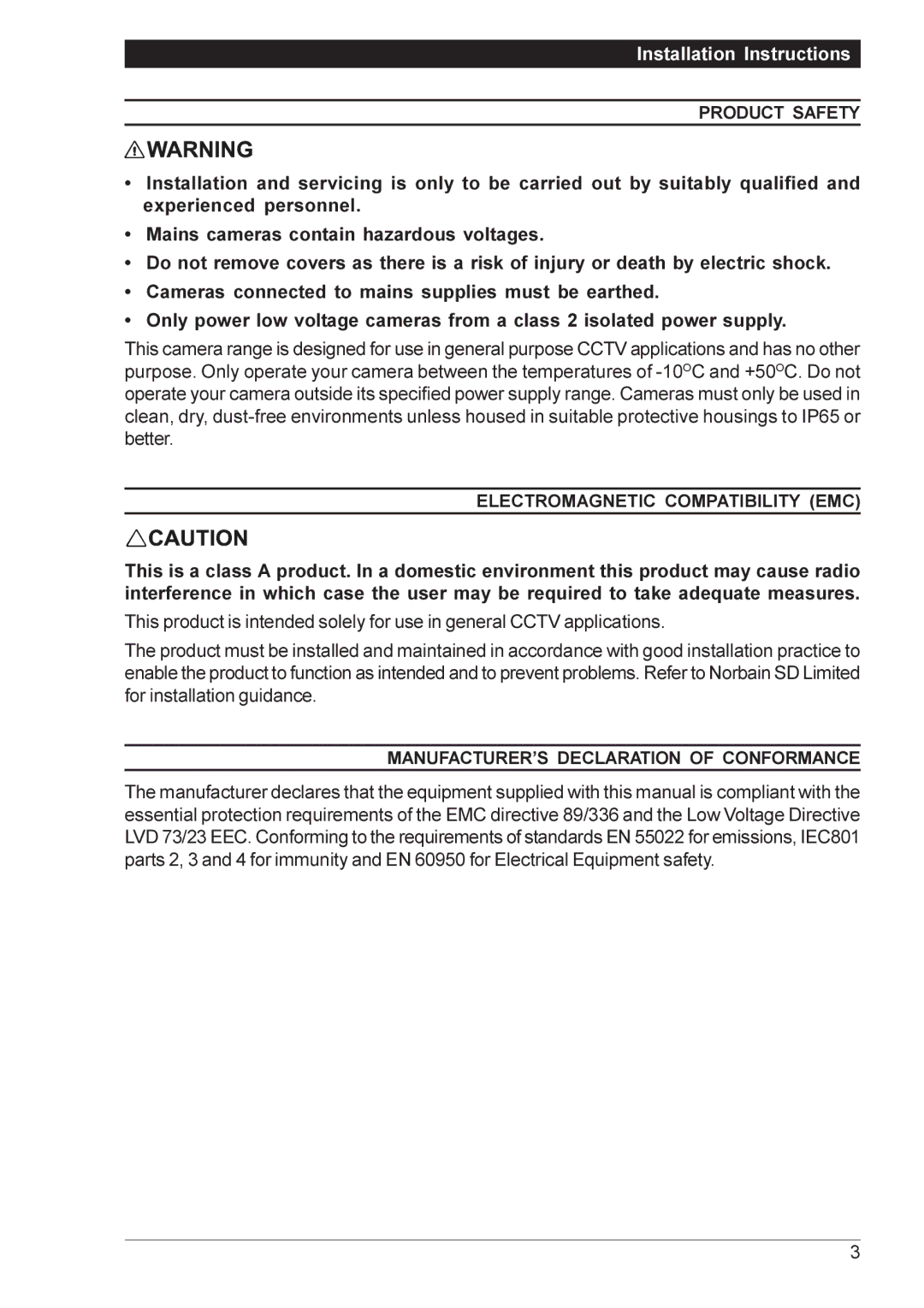 Vista VPM8030, VPM8132 Product Safety, Electromagnetic Compatibility EMC, MANUFACTURER’S Declaration of Conformance 