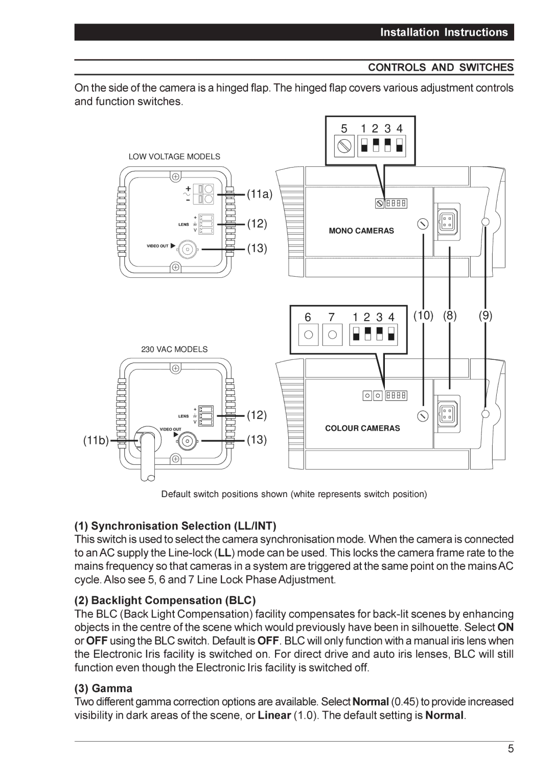 Vista VPM8130, VPM8132, VPM8120 Controls and Switches, Synchronisation Selection LL/INT, Backlight Compensation BLC, Gamma 