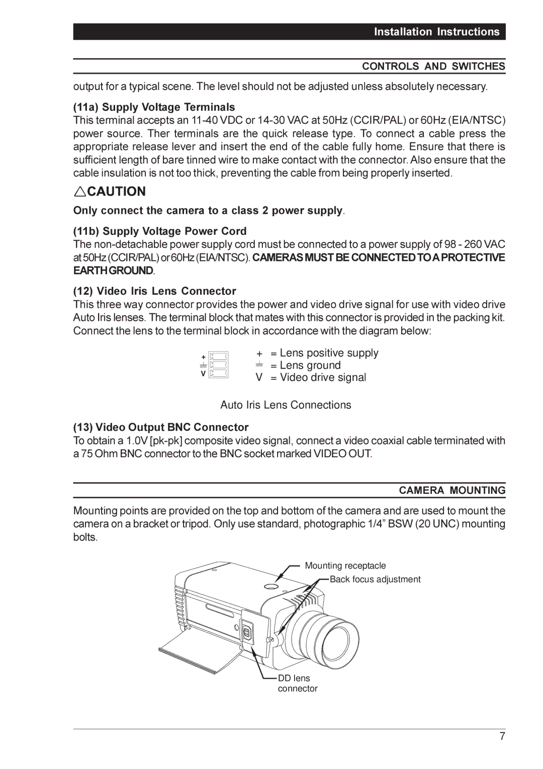 Vista VPC9032/CM 11a Supply Voltage Terminals, Video Iris Lens Connector, Video Output BNC Connector, Camera Mounting 