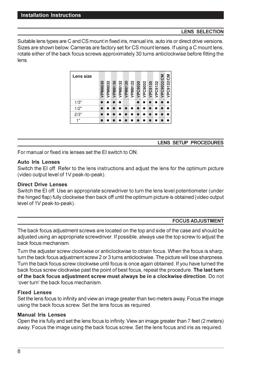 Vista VPC9132, VPM8132, VPM8120, VPM8032, VPM8030, VPM8122, VPM8130 Lens Selection, Lens Setup Procedures, Focus Adjustment 