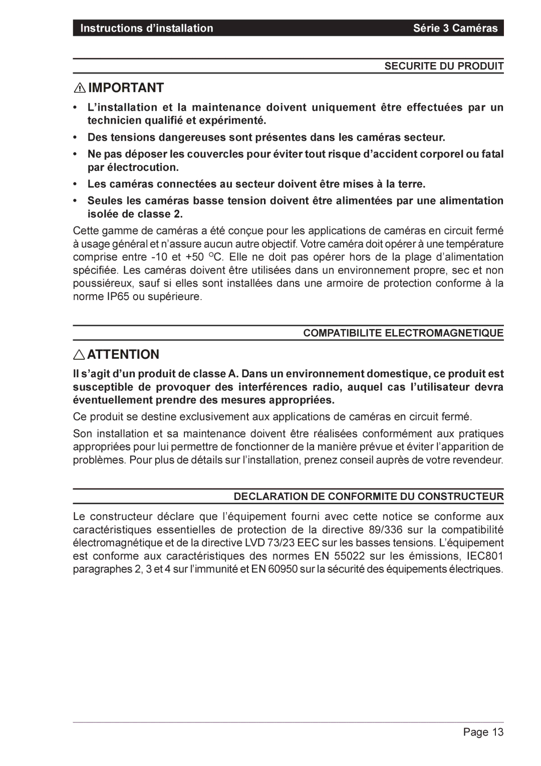 Vista VPC9030, VPM8132 Securite DU Produit, Compatibilite Electromagnetique, Declaration DE Conformite DU Constructeur 