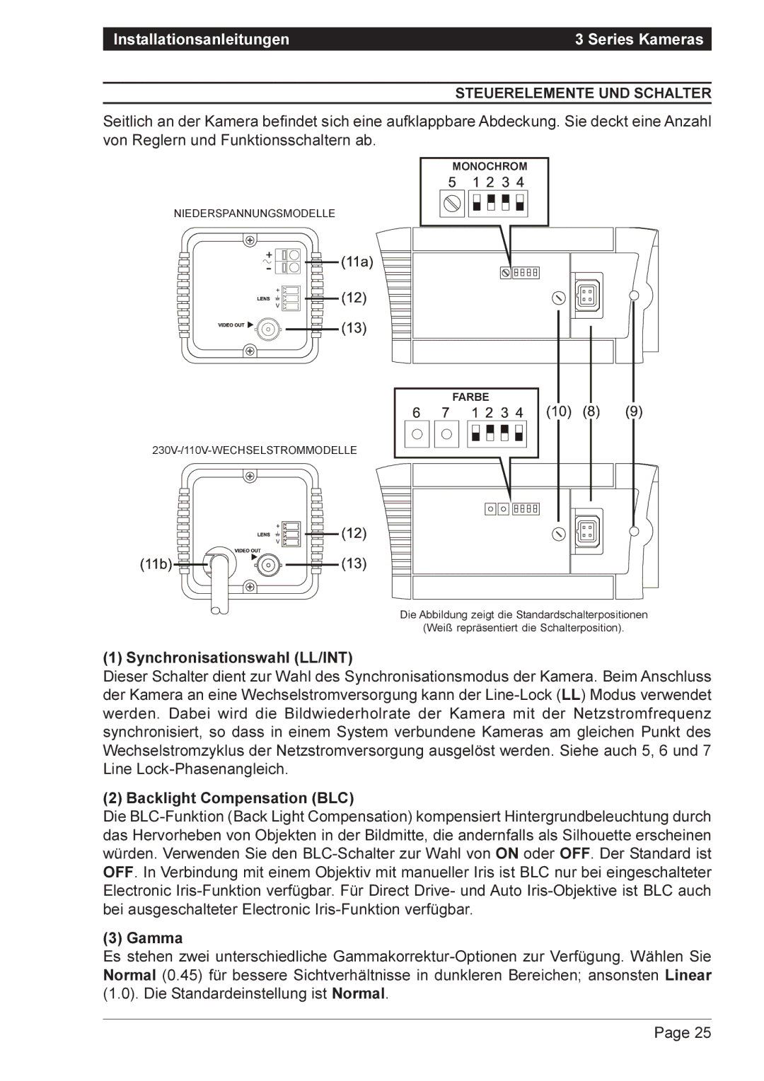 Vista VPC9032, VPM8132, VPM8120, VPM8032, VPM8030, VPM8122, VPM8130 Steuerelemente UND Schalter, Synchronisationswahl LL/INT 