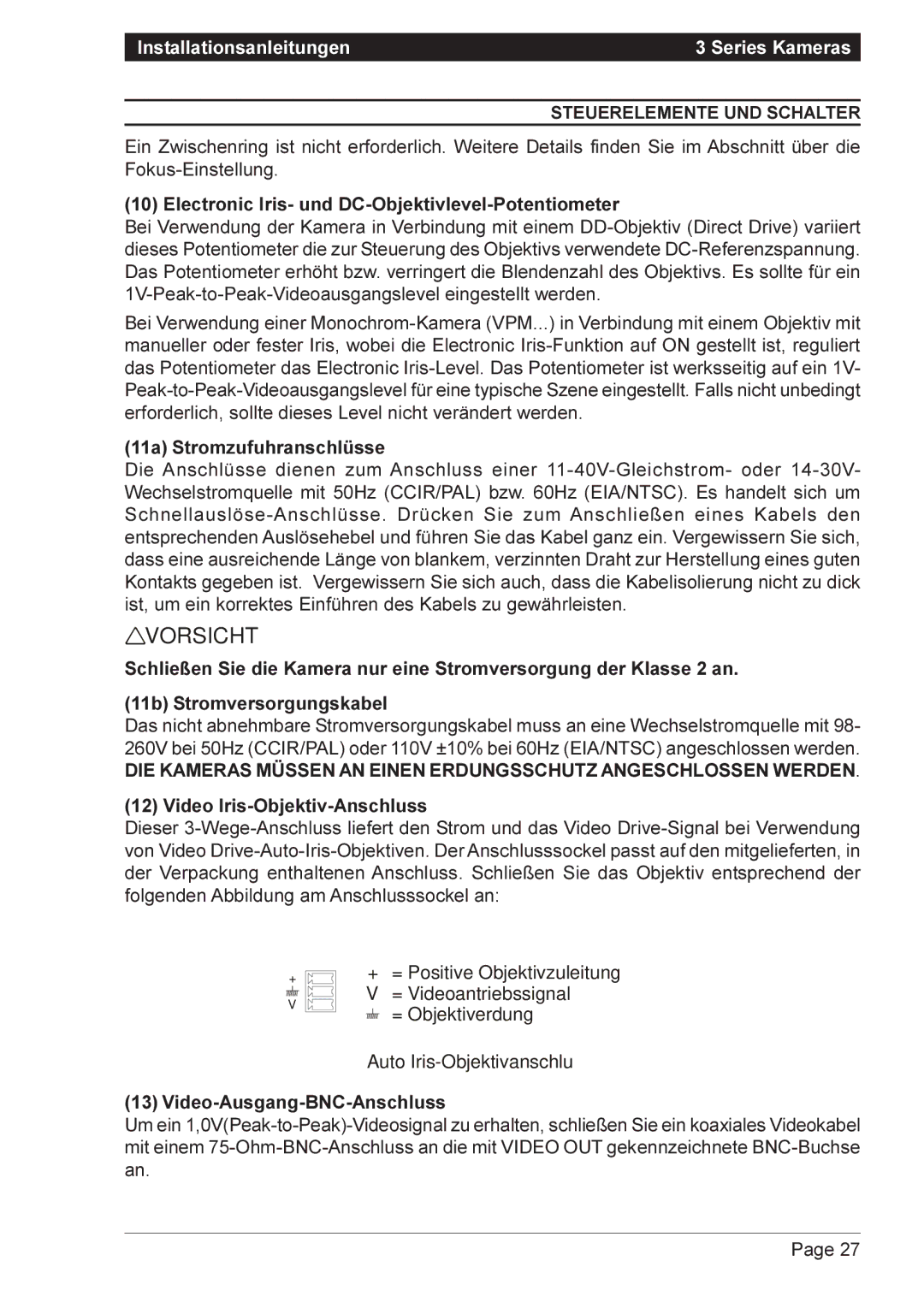 Vista VPC9030 Electronic Iris- und DC-Objektivlevel-Potentiometer, 11a Stromzufuhranschlüsse, Video-Ausgang-BNC-Anschluss 