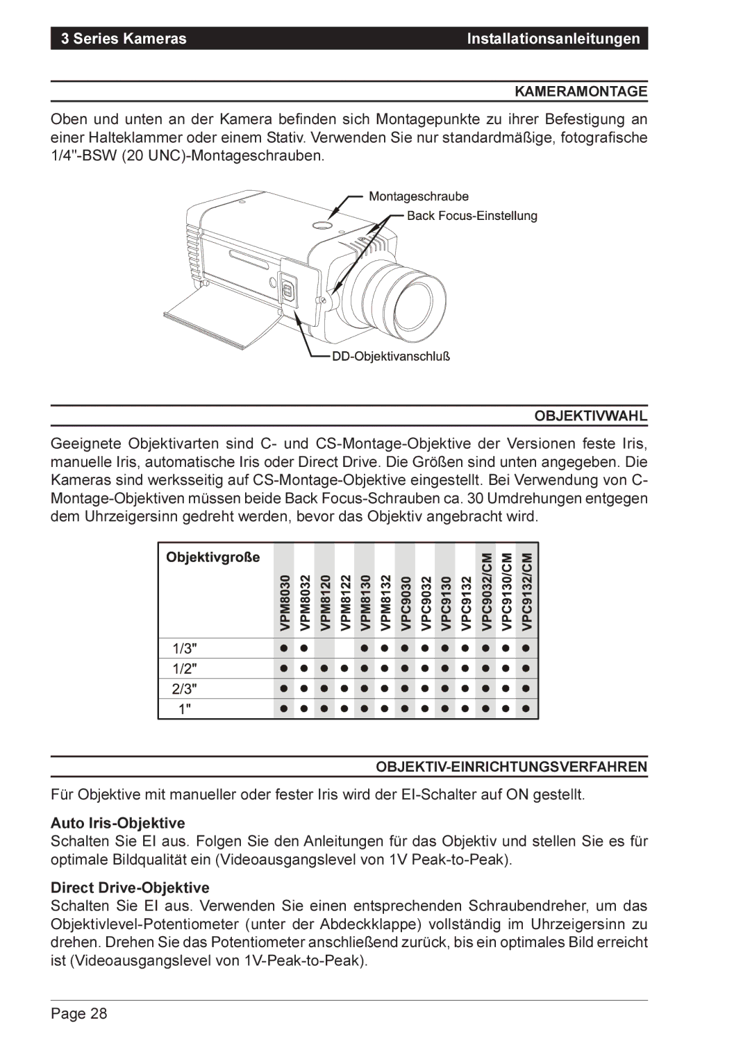 Vista VPM8132 Kameramontage, Objektivwahl, Objektiv-Einrichtungsverfahren, Auto Iris-Objektive, Direct Drive-Objektive 