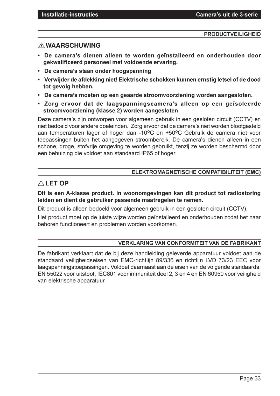 Vista VPM8130 Productveiligheid, Elektromagnetische Compatibiliteit EMC, Verklaring VAN Conformiteit VAN DE Fabrikant 