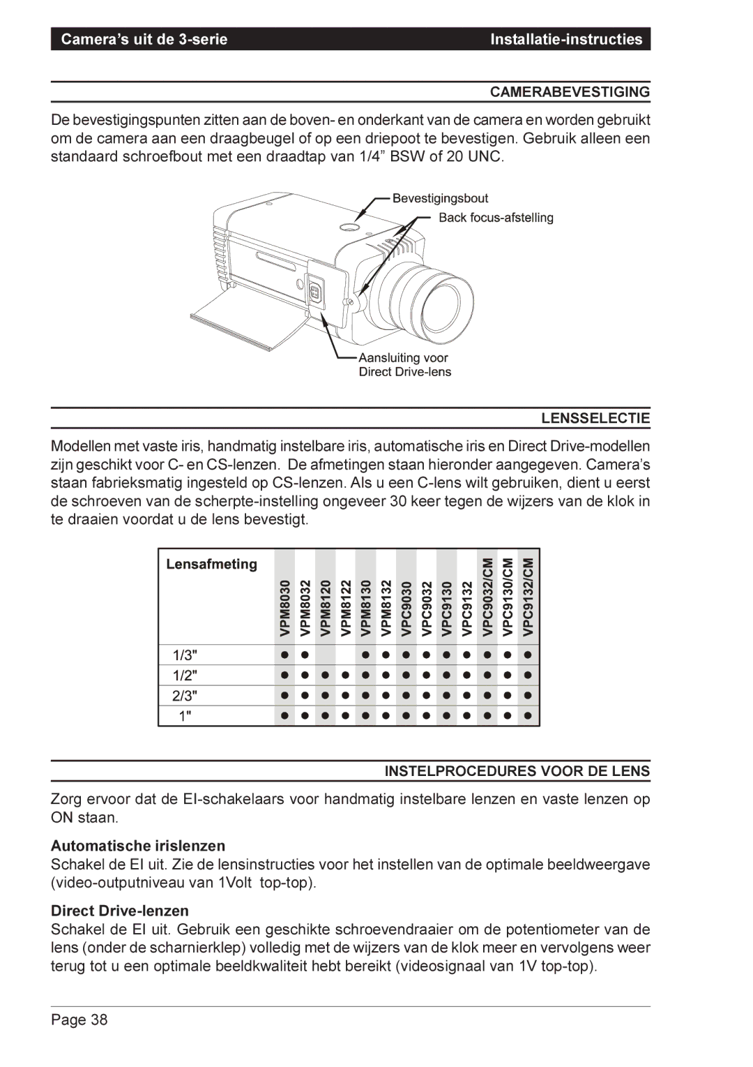 Vista VPC9132 Camerabevestiging, Lensselectie, Instelprocedures Voor DE Lens, Automatische irislenzen, Direct Drive-lenzen 