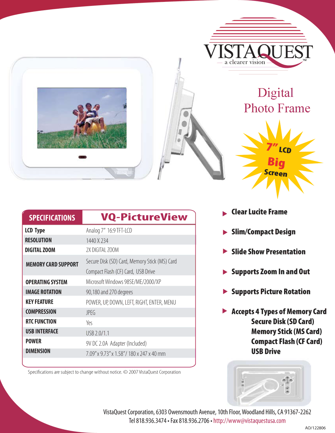 VistaQuest 16:9TFT-LCD specifications Big, VQ-PictureView, Screen, USB Drive, Jpeg 