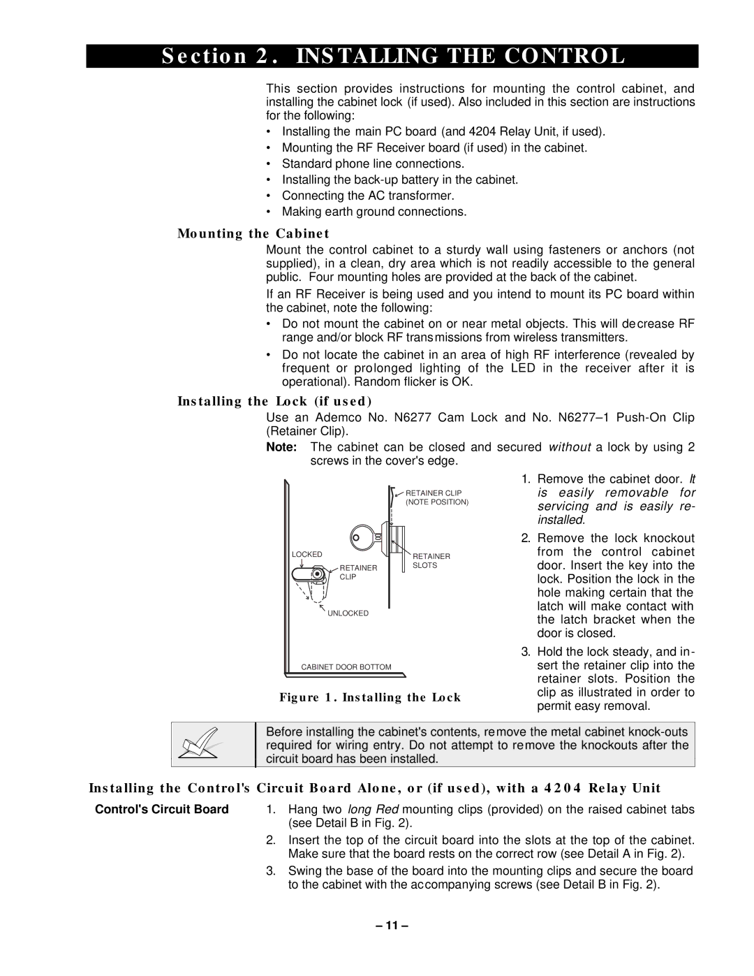 VistaQuest N7227V5 installation instructions Installing the Control, Mounting the Cabinet, Installing the Lock if used 