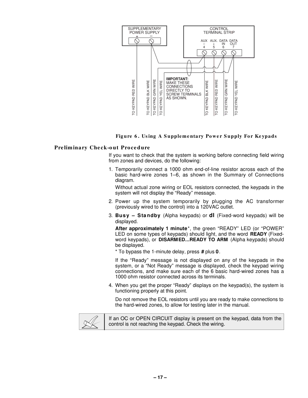 VistaQuest N7227V5 Preliminary Check-out Procedure, Using a Supplementary Power Supply For Keypads 