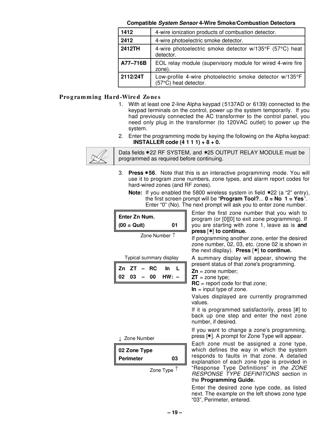 VistaQuest N7227V5 installation instructions Programming Hard-Wired Zones 