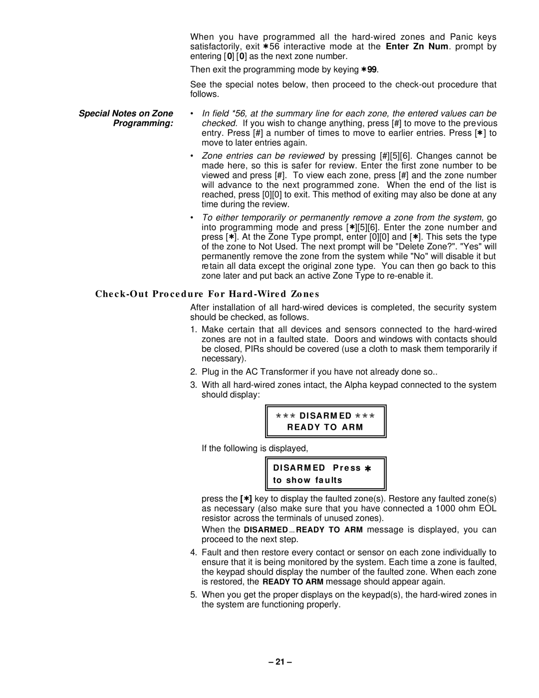 VistaQuest N7227V5 installation instructions Check-Out Procedure For Hard-Wired Zones, Special Notes on Zone, Programming 