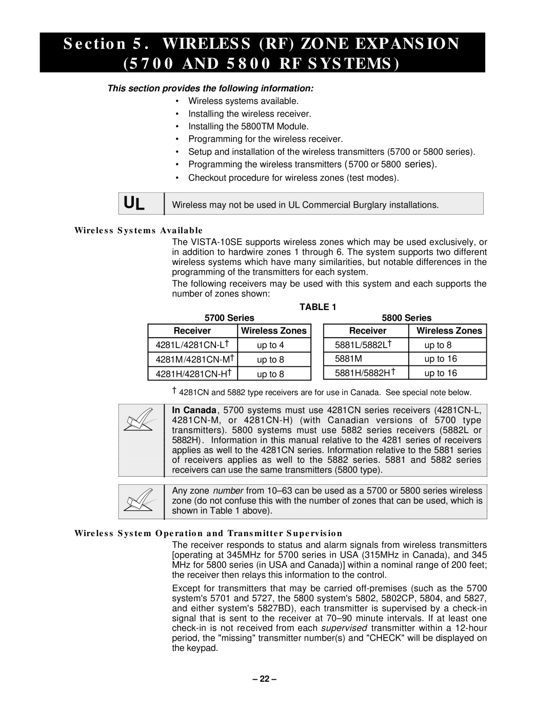 VistaQuest N7227V5 Wireless RF Zone Expansion 5800 RF Systems, This section provides the following information 