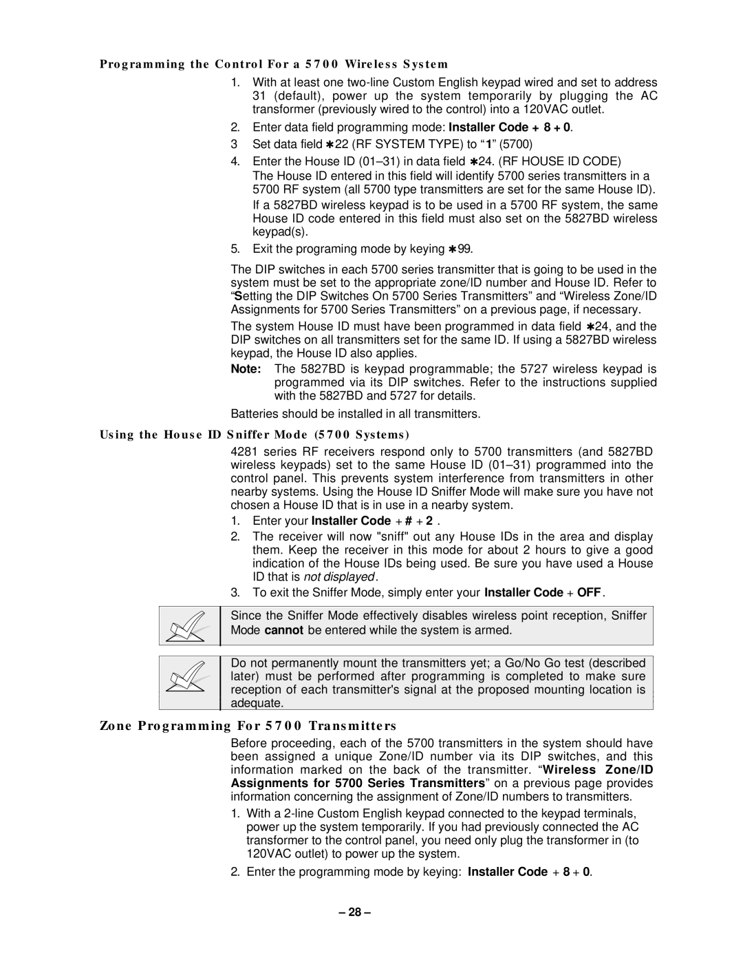 VistaQuest N7227V5 Zone Programming For 5700 Transmitters, Programming the Control For a 5700 Wireless System 