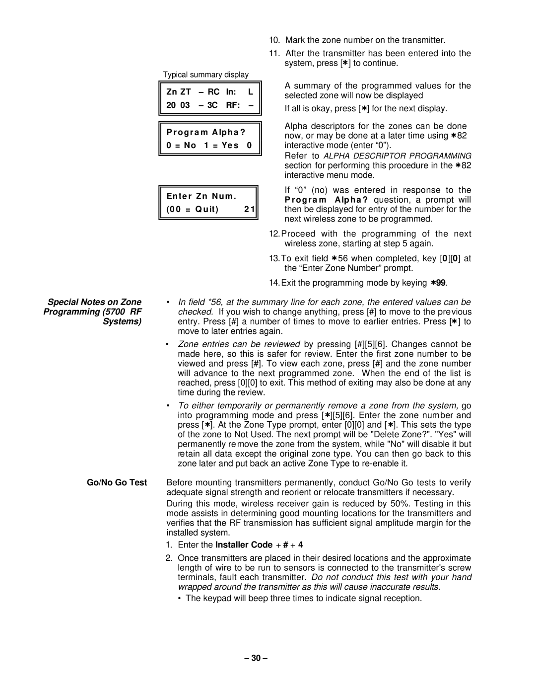 VistaQuest N7227V5 installation instructions Programming 5700 RF, Systems, Enter the Installer Code + # + 