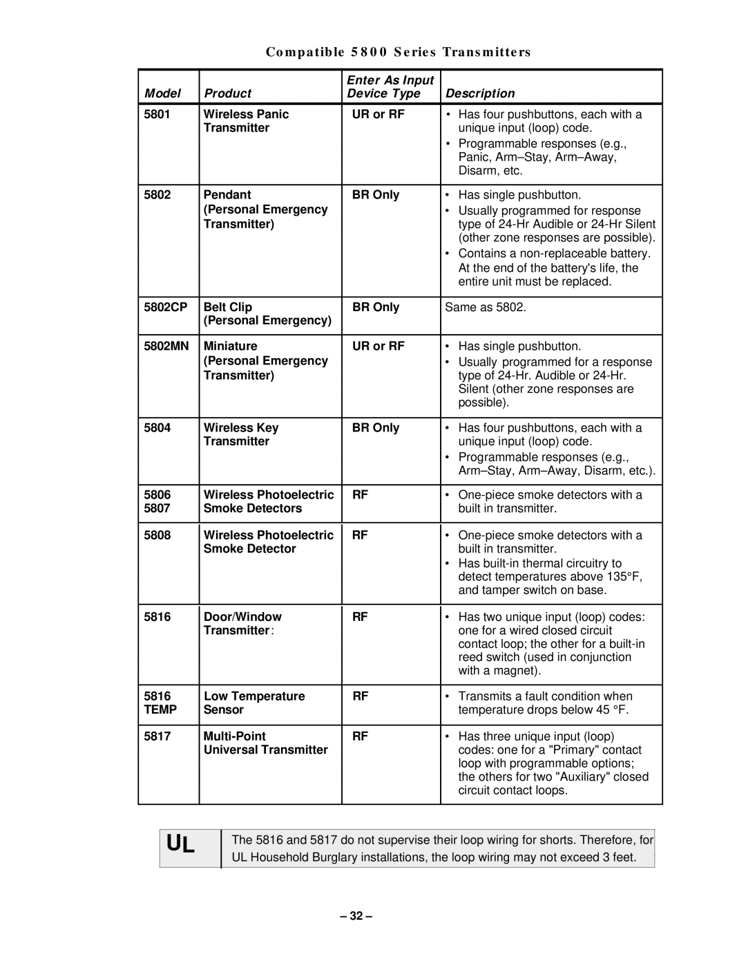 VistaQuest N7227V5 installation instructions Compatible 5800 Series Transmitters, Temp 