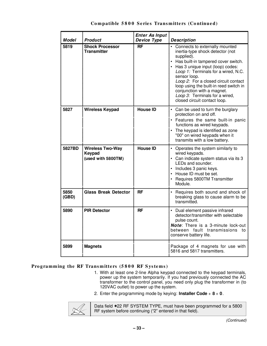 VistaQuest N7227V5 installation instructions Programming the RF Transmitters 5800 RF Systems, Gbd 