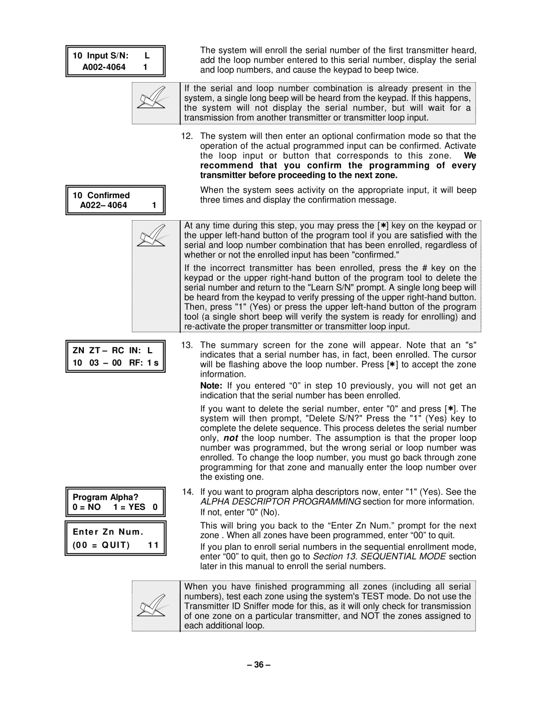 VistaQuest N7227V5 Recommend that you confirm the programming of every, Transmitter before proceeding to the next zone 